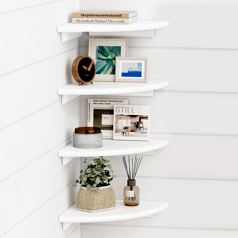 Forbena White Corner Floating Shelves for Wall Set of 4  Rounded Corner Shelves Wall Mounted for Kids Bedroom Books  Cute Wood Hanging Corner Shelf for Bathroom Decor  Living Room  Small Spaces - Image 1